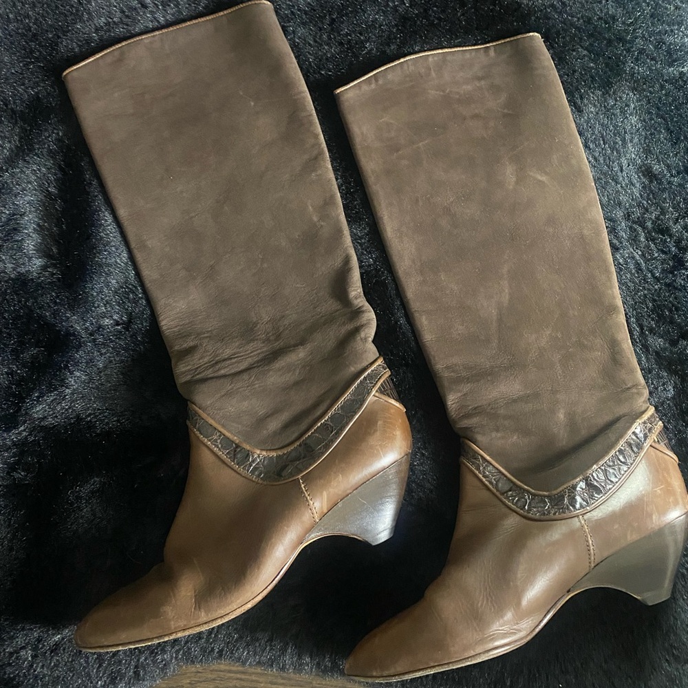 Via Spiga Brown Leather Suede Knee-High Kitten Heel Boots 5.5